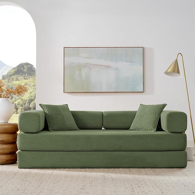 Antetek Convertible Futon Sofa Bed, 3-Seater Modern Corduroy Foam Floor King Size Bed Fold Out Sleeper Lounge Loveseat Sofa Couch with 2 Throw Pillows for Living Room Bedroom Guest Room, Army Green
