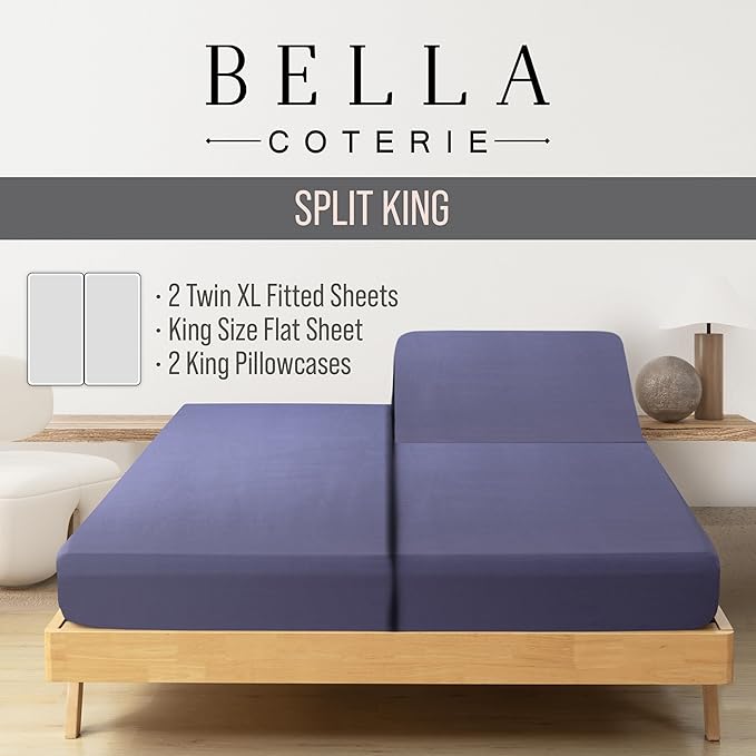 Bella Coterie Luxury Bamboo Viscose Split King Size Sheet Set | 2 Fitted Sheets for Sleep Number & Adjustable Beds | 100% Organically Grown | Cooling & Ultra Soft | 18” Deep Pocket [Twilight Blue] BC