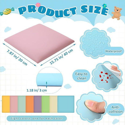 8 Pack Wall Padding for Playroom Peel and Stick Headboard 11.81" x 11.81" x 1.18" 3D Anti Collision Upholstered Wall Panels Self Adhesive Headboard Panel for Protection (Fresh Colors)