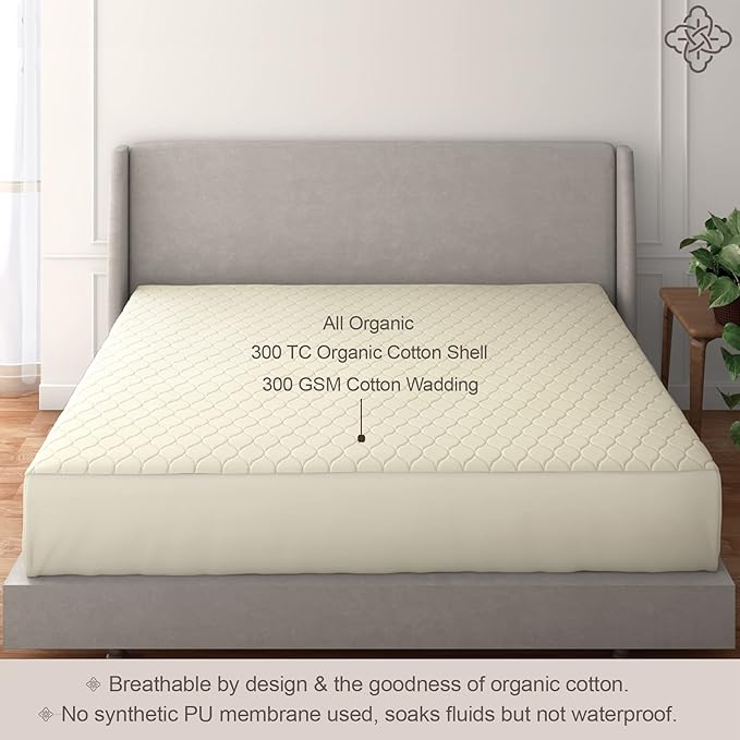 Bioweaves 100% Organic Cotton Mattress Pad Cover, GOTS Certified Cooling Quilted Fitted Mattress Topper & Protector with Soft Cotton Wadding - 20 Inch Deep Pocket, Queen