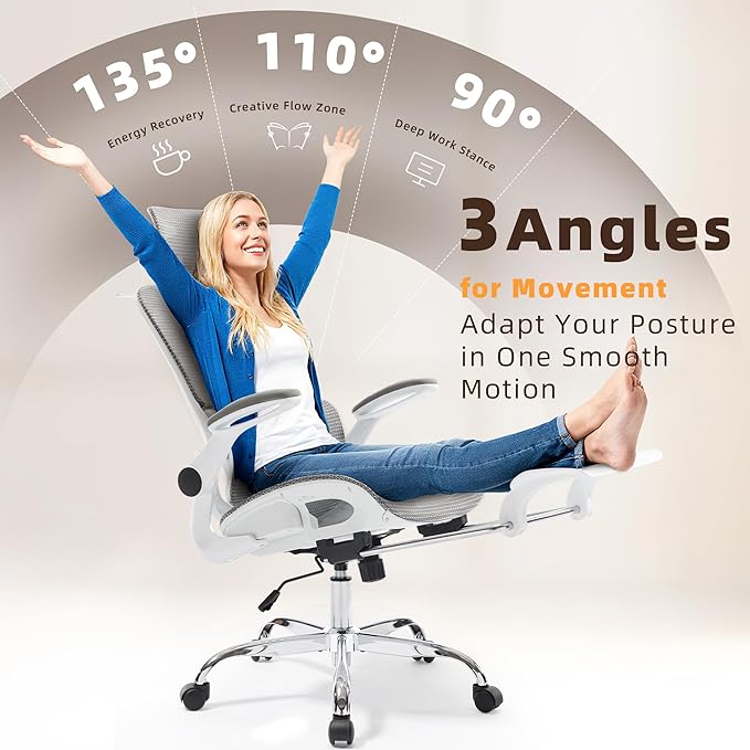 Ergonomic Office Chair, Adjustable High Back Desk Chair with Headrest Footrest 2D Lumbar Support - Executive Breathable Mesh Comfy Swivel Rolling Reclining Computer Task Chairs for Home Office Gaming