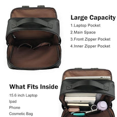 MASINTOR 15.6 inch PU Leather Laptop Backpack Purse for Women, Large College Casual Backpack Travel Bag Black