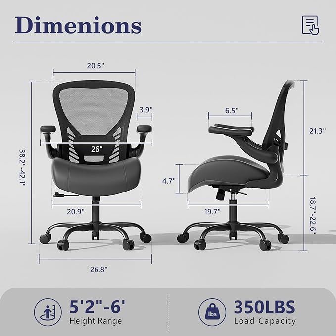 GYI Office Chair Ergonomic, Computer Desk Chair with Memory Foam Seat, Technical Mesh Back, 3D Flip-up Arms, Adjustable Lumbar Support&Height, Wheels for Home or Office, Black