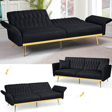70” Velvet Futon Sofa Bed with 2 Pillows and Adjustable Armrests, Convertible Sleeper Bed W/Adjustable Backrests, Modern Loveseat for Living Room, Bedroom, Black