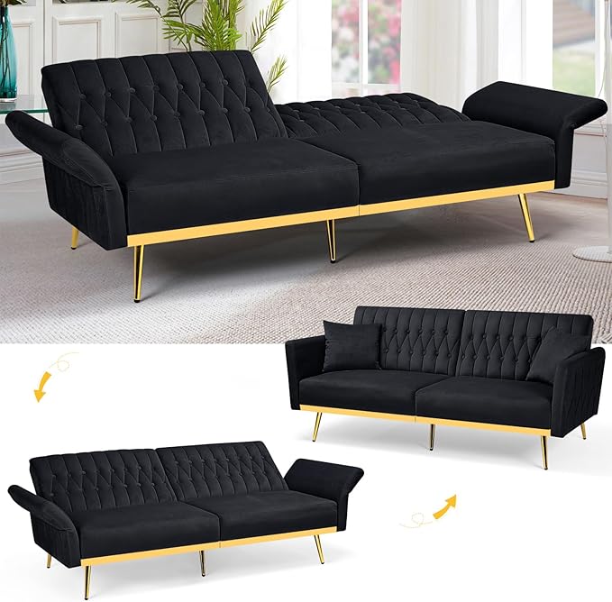 70” Velvet Futon Sofa Bed with 2 Pillows and Adjustable Armrests, Convertible Sleeper Bed W/Adjustable Backrests, Modern Loveseat for Living Room, Bedroom, Black