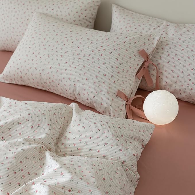 HighBuy Girl Duvet Cover Twin Botanical Flower Coquette Bedding Set Vintage Style Garden Floral Duvet Cover Twin with 2 Bowknot Bow Tie Pillowcases Boho Soft Cotton Comforter Cover with Zipper Ties