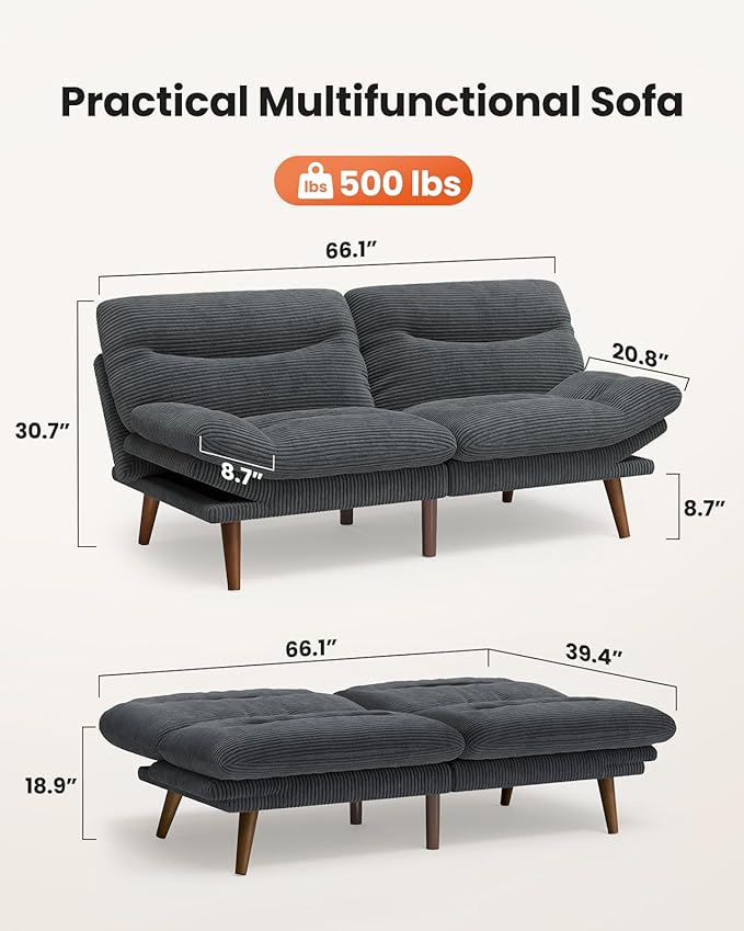 Amada 66" Convertible Futon Sofa Bed, Corduroy Folding Futon Set with Adjustable Backrest &Armrests, Recliner Lounge for Living Room, Apartment or Office, Solid Wood Frame, Loveseat Sofa - Grey