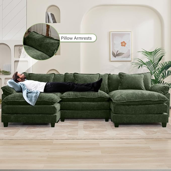 120" Modular Sectional Sofa, Comfy Cloud Couch Sectional Sofa with Ottoman, Chenille Sofa Sleeper Deep Seat Sofa with Throw Pillows for Living Room (Green, 120"- U Shape)