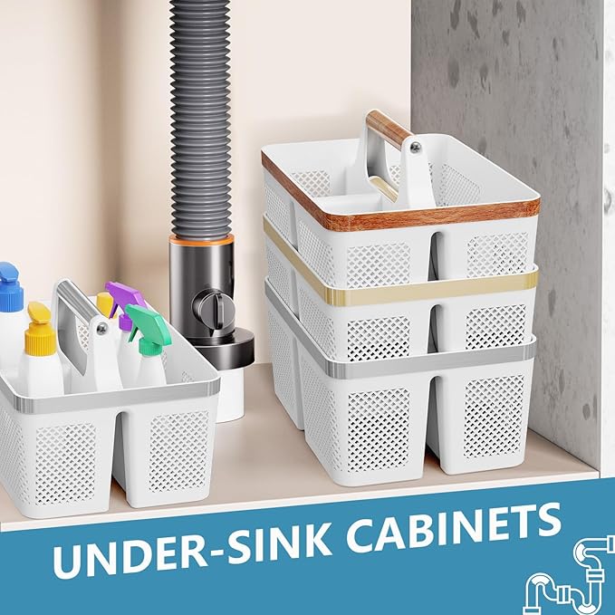 Plastic Shower Caddy Dorm: Portable Bathroom Caddy Organizer with Handle and Holes, Cleaning Basket, Hard Shower Basket Storage Tote for Toiletry, College Dorm Room Essentials White/Silver