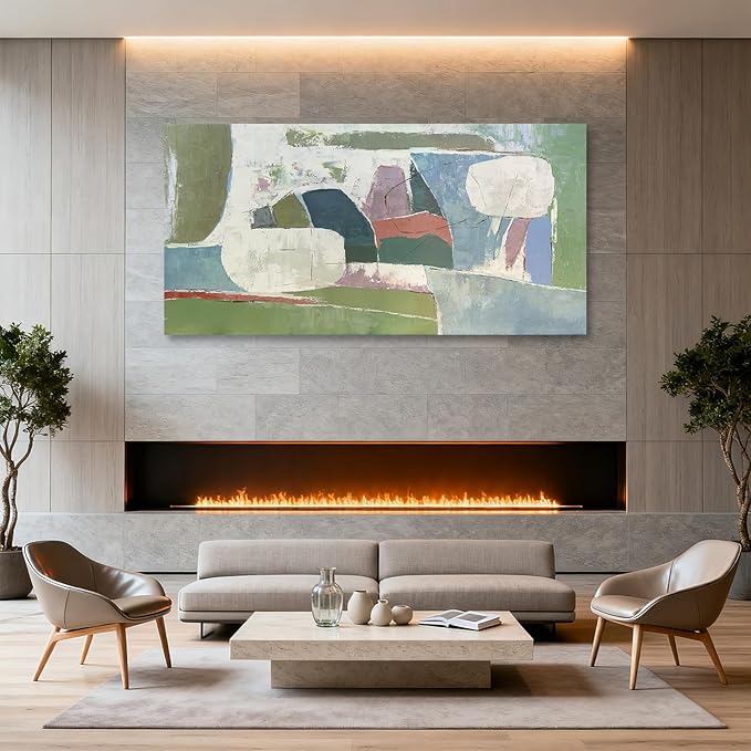 YETHEN WAL Oversized Green Abstract Canvas Wall Art 29×58 in, Large Horizontal Textured Painting for Living Room Sofa Wall, Neutral Earth Tone Decor