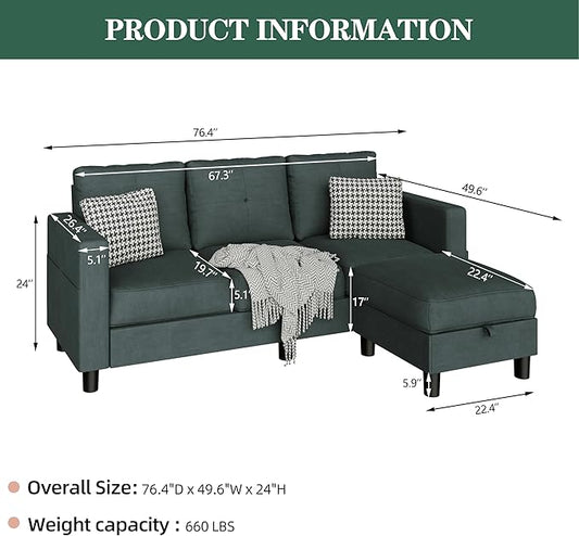 Vongrasig Convertible Sectional Sofa Couch, 3 Seat L Shaped Sofa with Removable Pillows Linen Fabric Small Couch Mid Century for Living Room, Apartment and Office (Black)