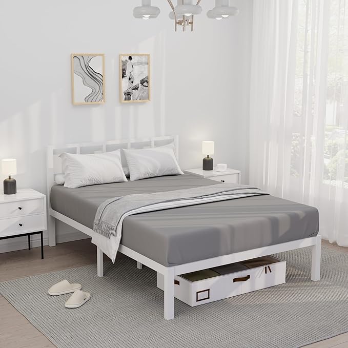 14 Inch Bamboo Bed Frame – Solid Wood Platform Bed Frame, Strong and Stable, with Non-Slip Slats for Support, No Box Spring Needed, Easy to Assemble, Noise-Free (White, Full with Headboard)