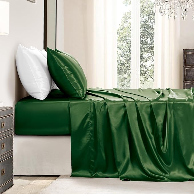 Satin Sheets King Size - 4 Pieces Luxury Silky Soft Bed Sheets, Wrinkle-Free Dark Green Satin Silk Sheet Set with 1 Deep Pocket Fitted Sheet, 1 Flat Sheet, 2 Pillow Cases