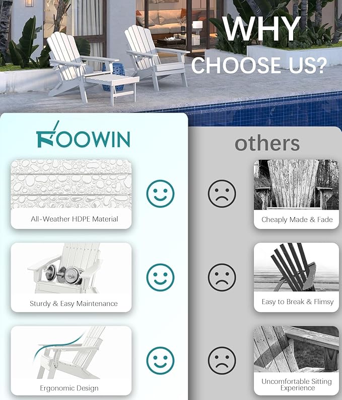 FOOWIN Adjustable Adirondack Chair with Retractable Ottoman Set of 4, Folding Adirondack Chair with Cup Holder, HDPE All-Weather Fire Pit Chair for Patio, Yard, Poolside, White