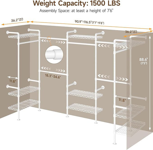 U5 Wall Mounted Closet System, Industrial Pipe Clothing Rack Garment Racks for Hanging Clothes, Heavy Duty Closet Organizers System in Wardrobe Closet, White