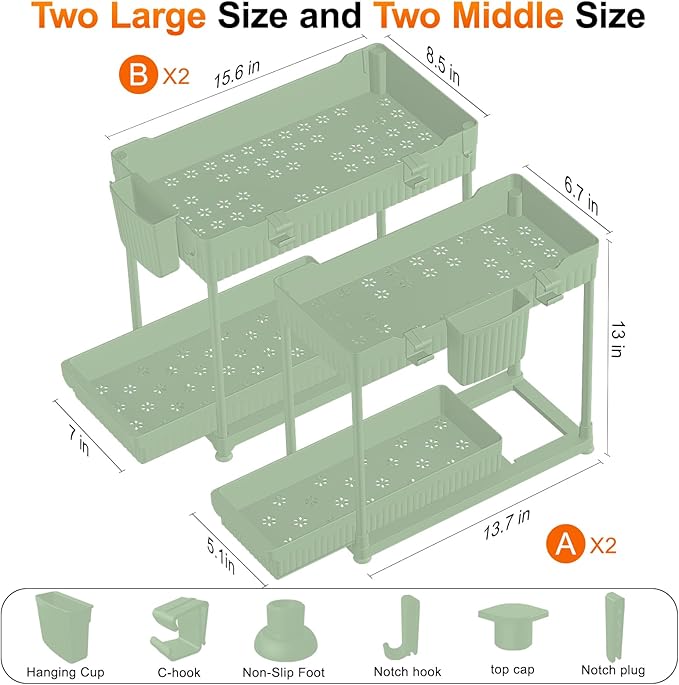 Under Sink Organizer, Bathroom Organizers and Storage, 2 Tier Multi-Use Pull Out Cabinet Organizer with Hang Hooks and Cups (Green, 4 Pack)