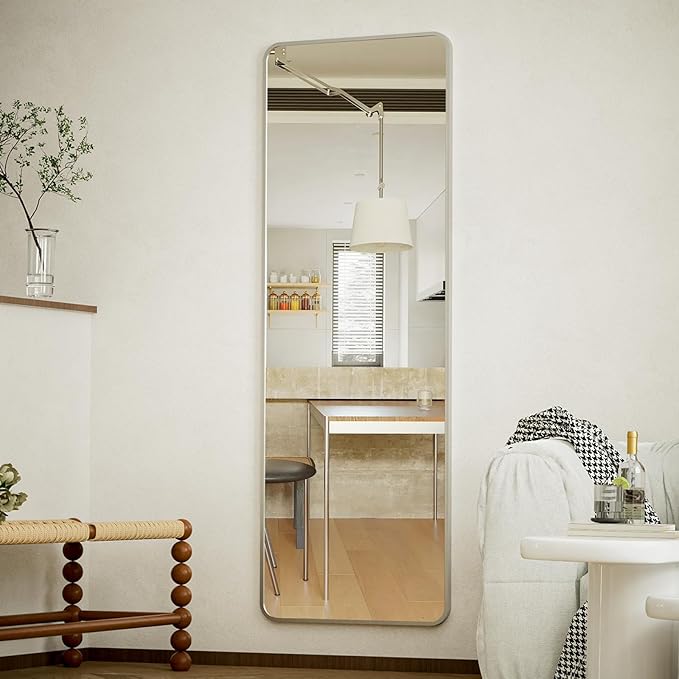 BEAUTYPEAK 14"x48" Full Length Over The Door Mirror, Aluminum Alloy Frame Full Body Mirror with Height-Adjustable Hangers, Hanging Mirrors for Bedroom, Living Room, Bathroom, Silver