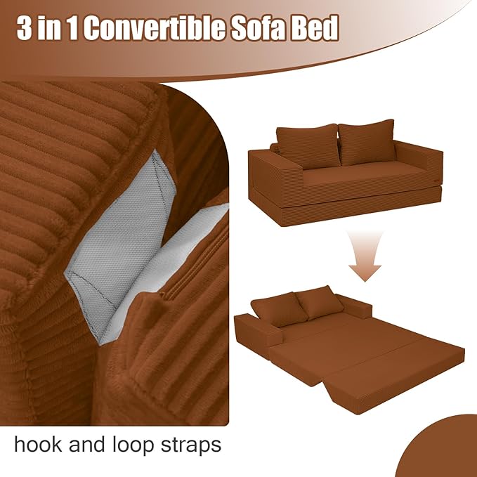 COMAX Convertible Sofa Bed Queen, Corduroy Folding Floor Couch Pull Out Couch Bed Futon Sleeper with Pillows, Fold Out Boneless Sofa Comfy Lounge Mattress Loveseat for Living Room Bedroom, Orange