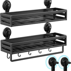 Shower Caddy Suction Cup, 15.8 inch 2 Pack Suction Shower Shelf with Hooks NO-Drilling Bathroom Holder, Rustproof Bathroom Organizer, Black,Includes 2 Extra Suction Cups for Replacement Use