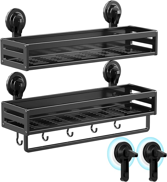 Shower Caddy Suction Cup, 11.8 inch 2 Pack Suction Shower Shelf with Hooks NO-Drilling Bathroom Holder, Rustproof Bathroom Organizer, Black,Includes 2 Extra Suction Cups for Replacement Use