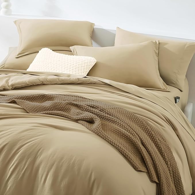 WRENSONGE Queen Comforter Set- 7 Pieces Soft Taupe Bed in a Bag Queen Size with Fitted Sheet, Flat Sheet, 2 Pillow Shams, and 2 Pillowcases- Khaki Bedding Sets for All Season