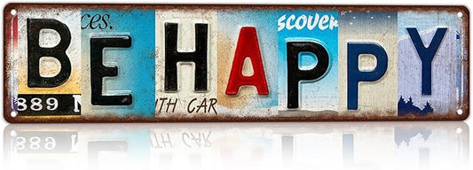 Vintage License Plate Street Sign Metal Sign Be Happy Positive Vibes Wall Decor For Kitchen Bedroom Living Room Yoga Studio 16x4 Inch