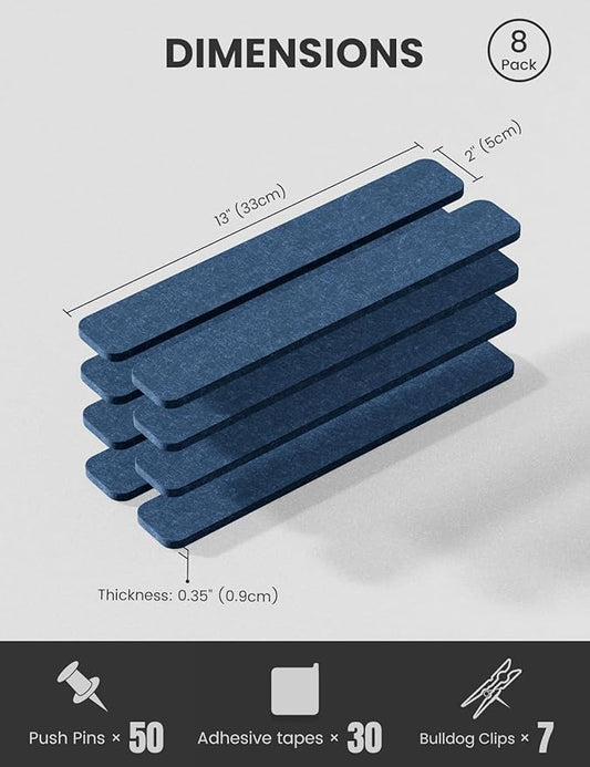 Cork Board Alternative Felt Strip Board 8-Pack 13"x2", Office Pin Board with 50 Push Pins, Adhesive Install for Bedroom Door & Home Office(Denim Blue)