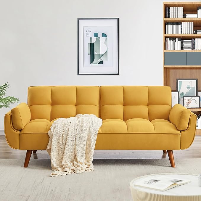 Convertible Futon Sofa Bed, Linen Sleeper Couch, 75" W Modern 3 Seater Tufted Sofa with Adjustable Backrests and Solid Wood Legs for Small Spaces, Living Room, Bedroom, Golden Yellow