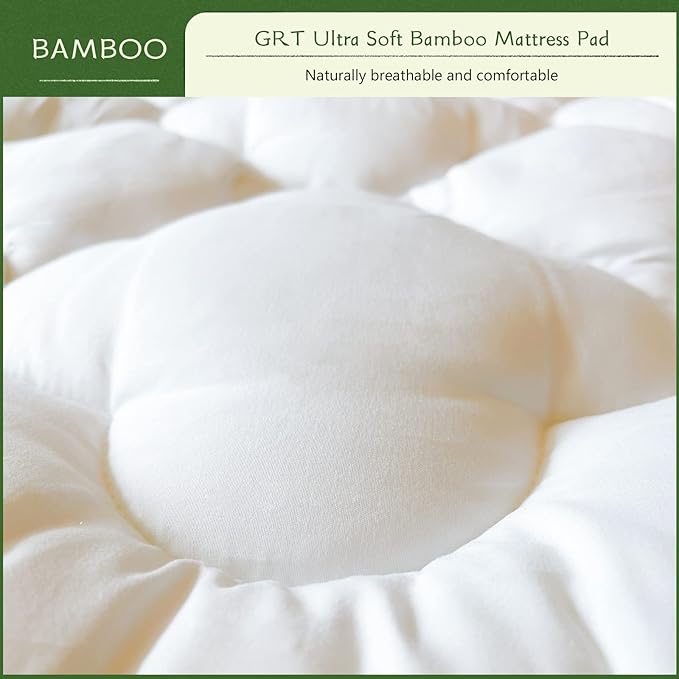 GRT Mattress Pad Cover Rayon from Bamboo Queen Size, Extra Thick Quilted Fitted Mattress Topper with 21 Inches Deep Pocket, Cooling Breathable and Noiseless Mattress Cover