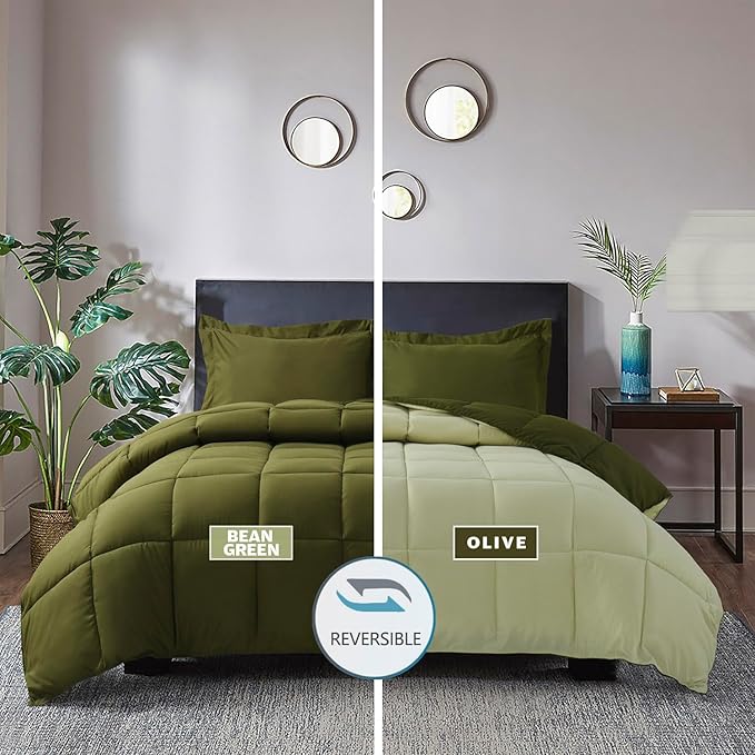 HIG 3pc Olive Green California King Comforter Set - All Season Reversible Down Alternative Comforter with Two Shams - Quilted Duvet Insert with Corner Tabs - Box Stitched - Breathable, Soft, Fluffy