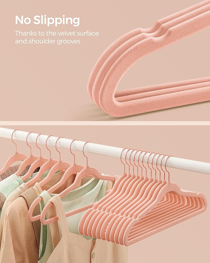 SONGMICS Slim Velvet Hangers, Non-Slip Clothes Hangers with Rose Gold Swivel Hooks, Space-Saving, for Closet, 100 Pack, Pink UCRF026R100