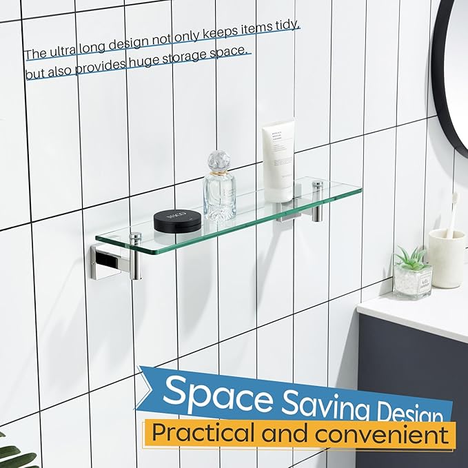 KOKOSIRI Bathroom Shelves Wall Mounted Floating Glass Shelf Polished Stainless Steel 20-Inch Hanging Rack for Storage/Room Decor 2 Pack B1105CH-L20-P2