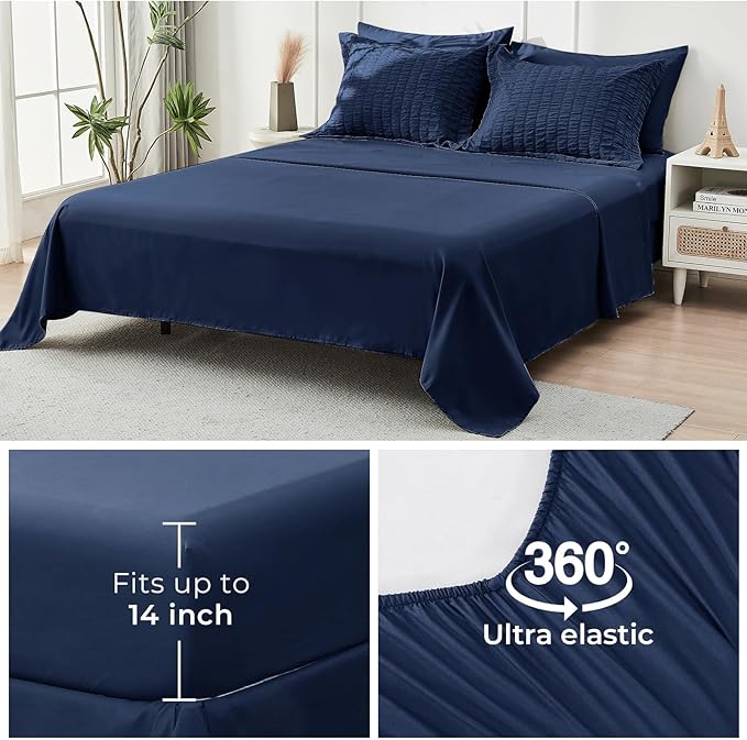 HYMOKEGE Navy Blue Oversized King Comforter Set Seersucker 7 Pieces, All Season Luxury Bed in a Bag for Bedroom, Bedding Set with Comforter, Sheets, Pillowcases & Shams