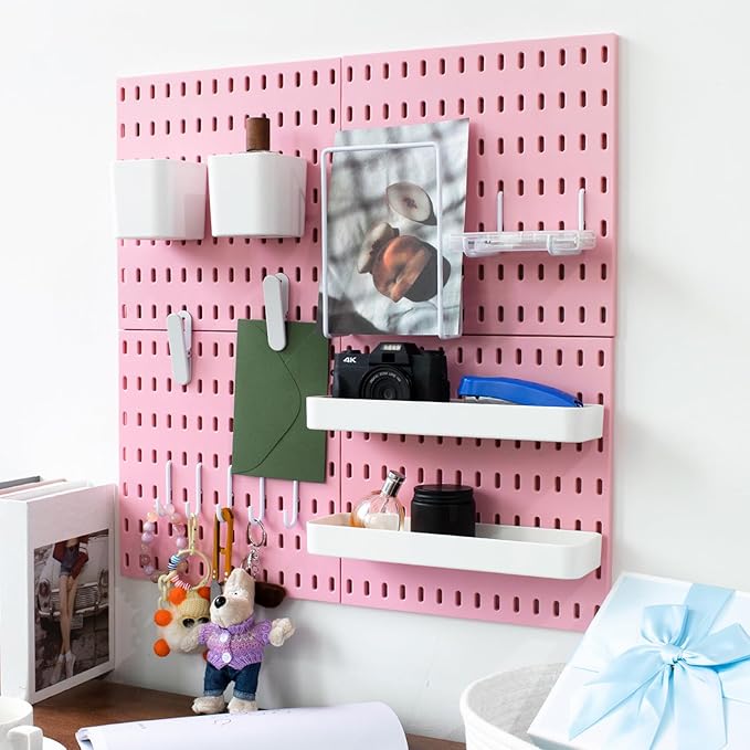Pegboard Combination Kit, Wall Mounted Storage Set with 4 Pegboards & 14 Accessories Hanging, Pink Peg Boards Organizer for Walls Display, Crafts Organization, Kitchen Organizer, 22" x 22"