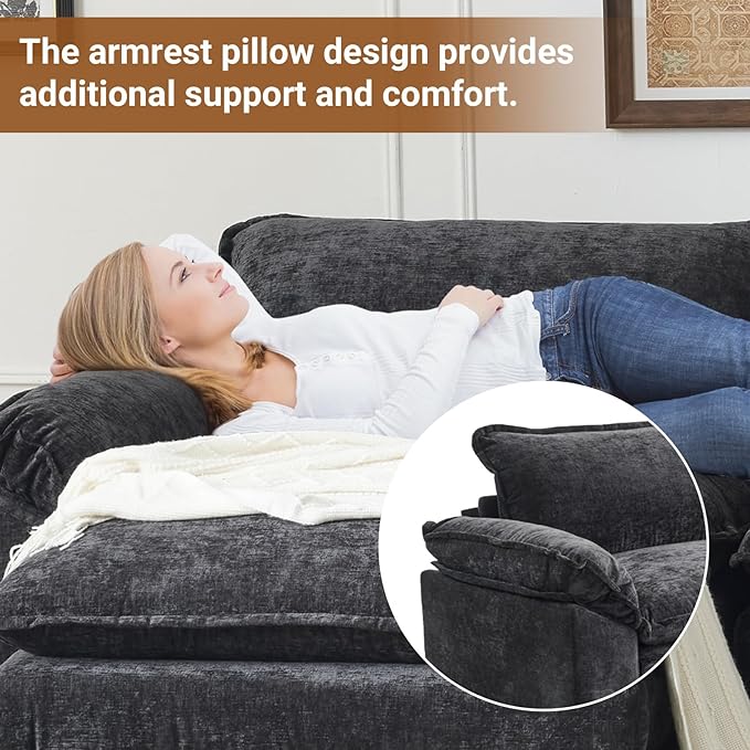 VINGLI 87" Convertible Sectional Sofa,L-Shape Deep Seat Sofa Couch for Living Room,Modern Chenille 2 Seat Loveseat Sofa with Ottoman for Small Space(Black, 87")