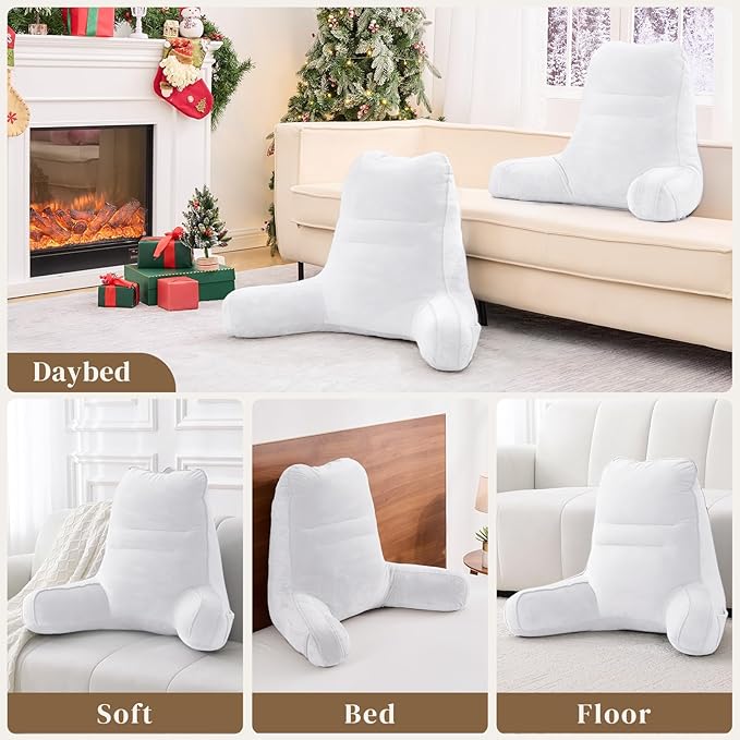 Sasttie Reading Pillow for Bed - 23 Inch, Back Pillow for Bed Sitting Up, Back-Rest Support Cushion with Side Pockets and Arms, Dorm Essentials, Oeko-Tex Certified, White