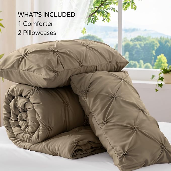 BEDELITE Light Brown King Size Comforter Set - 3 Pieces Boho Pintuck Bedding Comforter Sets, Lightweight Soft & Warm King Bedding Set with 2 Pillowcases for All Season
