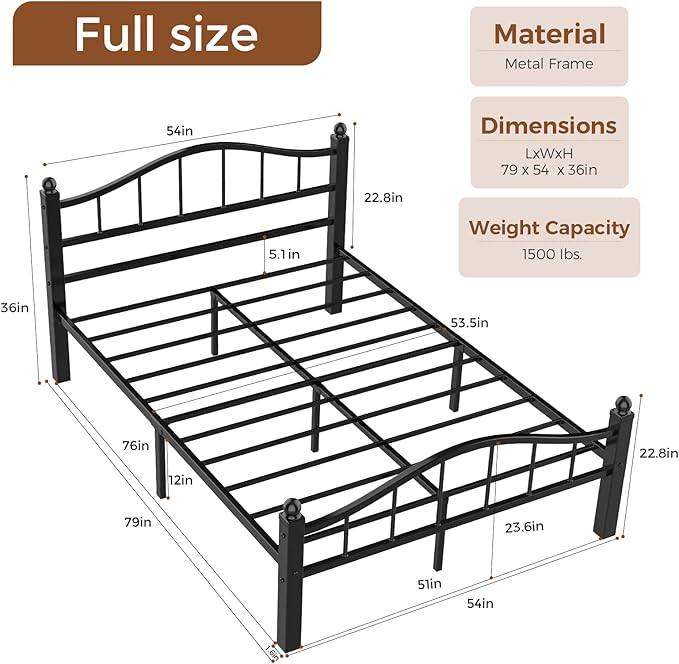 Full Size Bed Frames with Headboard, Noise-Free Design & Underbed Storage Heavy Duty Metal Bed Frames No Box Spring Needed/Tool-Free Assembly