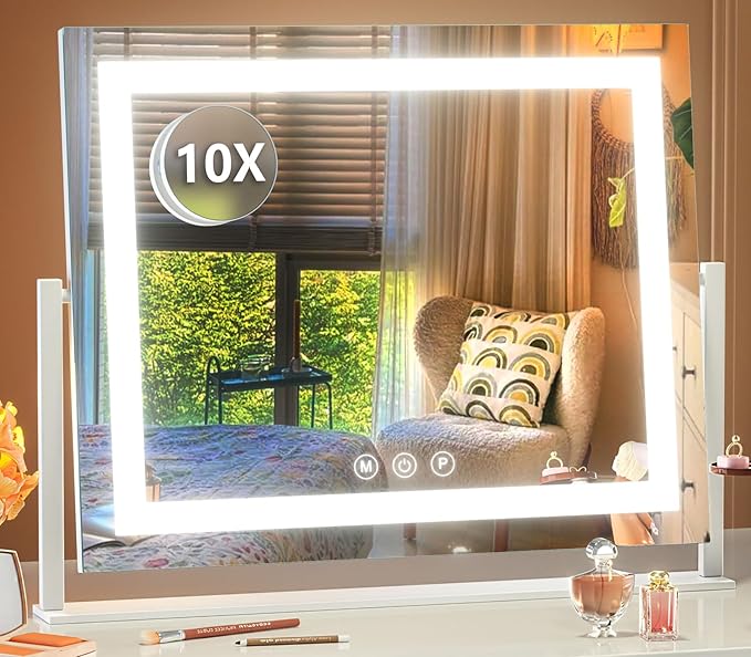 Lighted Makeup Mirror, 17.3"x13" Hollywood Vanity Mirror with Lights,Three Color Lighting Modes, and 5X Magnification Mirror, Smart Touch Control, 360°Rotation (White, Gift Box)