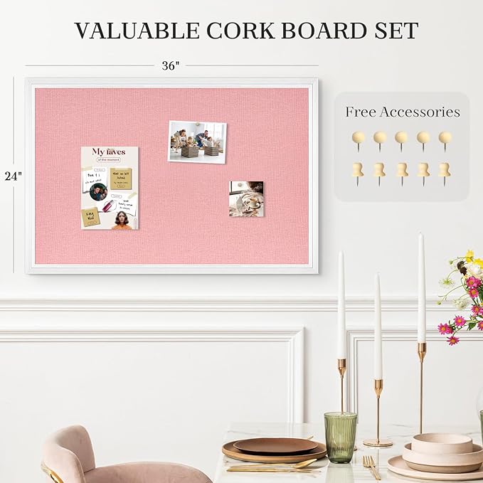 Large Pink Cork Board with Linen, 36" x 24" Hanging Wood Framed Bulletin Board, Picture Display Vision Board Corkboards for Wall Room School Office Decor, 10 Pushpins, 1 Pack