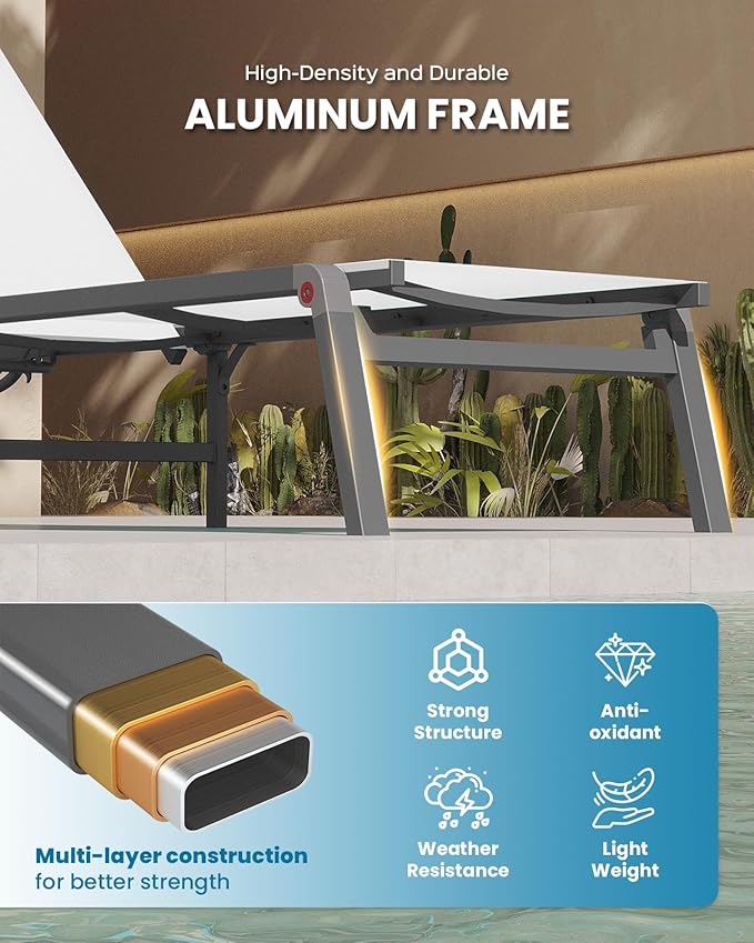 Aluminum Lounge Chair Outdoor, Foldable Pool Lounge Chairs with 5 Positions Recliner - No Assembly - Patio Chaise Lounge Chair for Outside, Poolside (White)