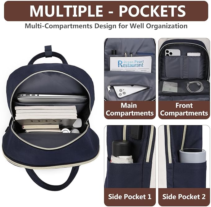 Laptop Backpack for Women Work Bookbag: 17.3 Inch College Backpacks with USB Charger School Book Bag Waterproof Travel Computer Back Pack Anti-Theft Casual Bookbags for Girls Teacher Nurse Navy Blue