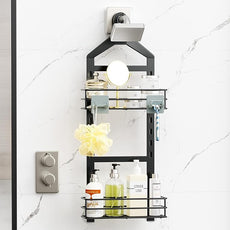 Orimade Adjustable Anti-slip Shower Caddy over Head, Rustproof Bathroom Hanging Shower Organizer with 2 Hooks for Razor, No Drilling Shower Shelves Storage Rack 2 Tier, Black