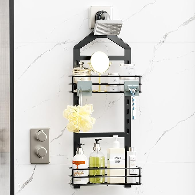 Orimade Adjustable Anti-slip Shower Caddy over Head, Rustproof Bathroom Hanging Shower Organizer with 2 Hooks for Razor, No Drilling Shower Shelves Storage Rack 2 Tier, Black