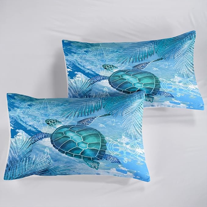 CVHOUSE Sea Turtle Bedding Set,Sea Turtle Comforter King,Ocean Bohemia Comforter Set for Boys Kids Girls,Ocean Quilt Set with 1 Comforter and 2 Pillow Cases