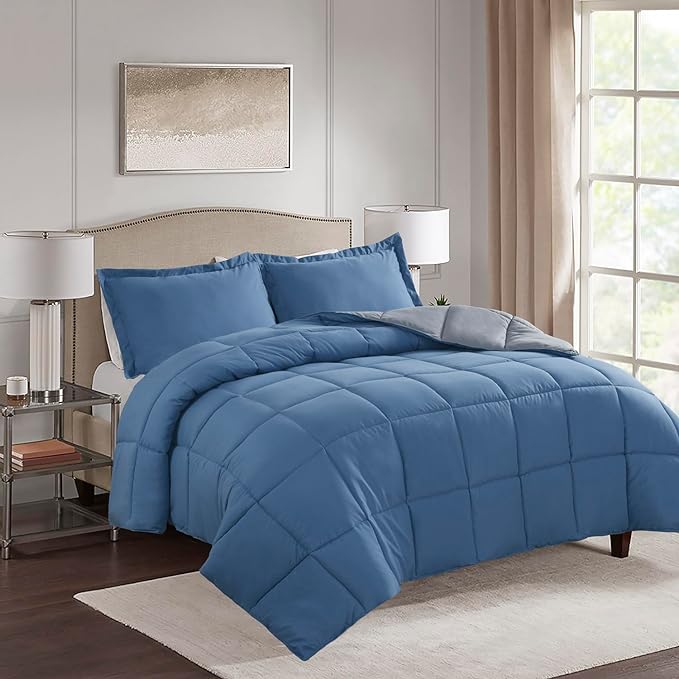HIG 3pc Dusty Blue Queen Size Comforter Set - All Season Reversible Down Alternative Comforter with Sham - Quilted Duvet Insert with Corner Tabs - Box Stitched Blanket - Breathable, Soft, Fluffy