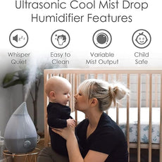 Crane Ultrasonic Teardrop Cool Mist Humidifier, Large 1 Gal Tank, Automatic Shut-Off, Baby Humidifiers for Nursery and Bedroom, Grey