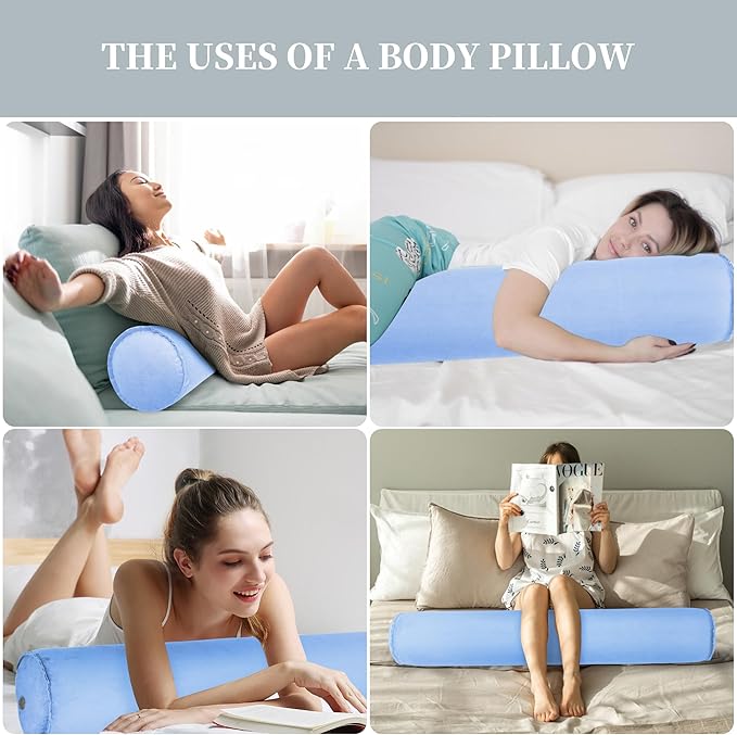 ONTYZZ Inflatable Long Body Pillow, Long Pillow for Bed, Oval Bolster Pillow for Good Sleeping and Back/Neck Support, 2pcs Blue