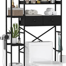 Over The Toilet Storage Cabinet with 2 Drawers - 7 Tier Bathroom Organizer with Adjustable Shelf & Side Rack, Hair Dryer Toilet, Paper Holder & 2 Hooks for Restroom, Laundry, Black
