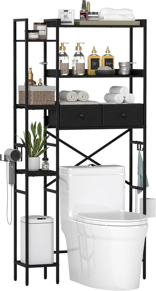 Over The Toilet Storage Cabinet with 2 Drawers - 7 Tier Bathroom Organizer with Adjustable Shelf & Side Rack, Hair Dryer Toilet, Paper Holder & 2 Hooks for Restroom, Laundry, Black